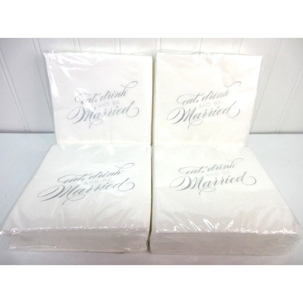 Wedding Cocktail Napkins Eat Drink and Be Married 160ct 3Ply White Silver Script